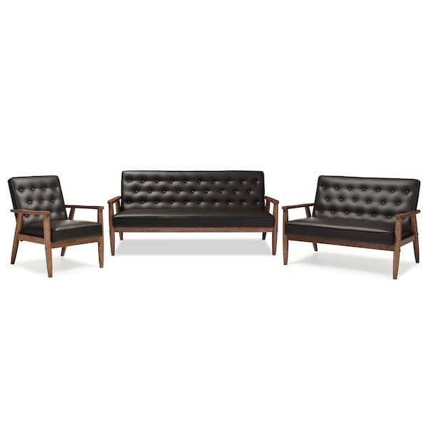Baxton Studio Sorrento Brown Faux Leather Upholstered Wooden 3 Piece Living room Set 122-6765-6768-6771 - main